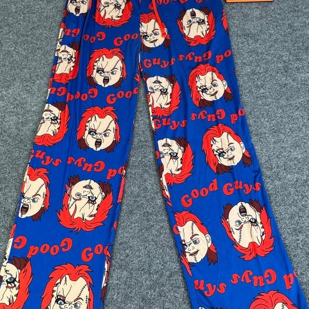 Chucky Good Guys Pajama Pants with repeating graphic of Chucky's face.  Size XL